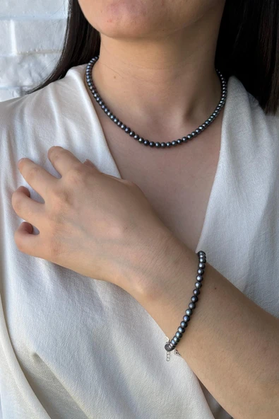 5 mm Siyah Doğal İnci Sıralı Kolye Bileklik Küpe Üçlü Set - 3