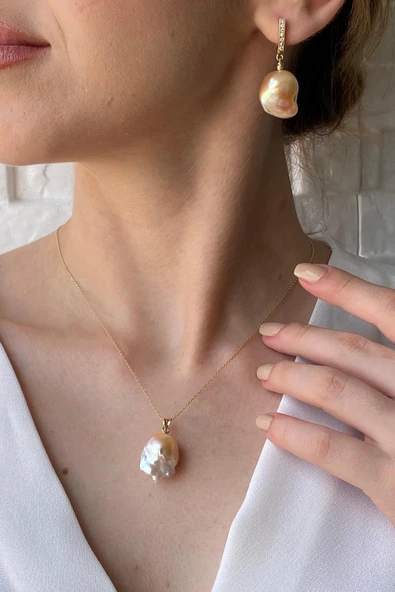 Şeftali Rengi Barok İnci Kolye Küpe İkili Set