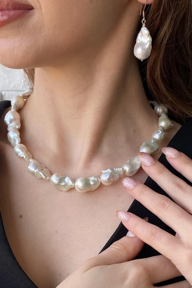 22,5 mm Barok İnci Kolye Bileklik Küpe Üçlü Set