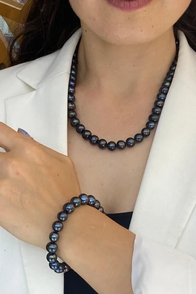 10,5 mm Denizci Kilit Sıralı Siyah İnci Kolye Bileklik İkili Set - 2