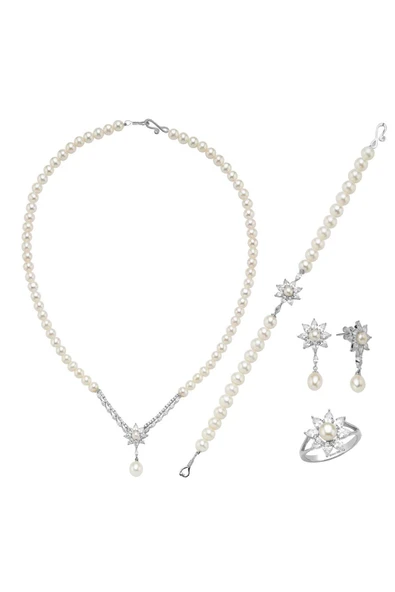 6,5 mm Papatya Modelli Doğal İnci Küpe Kolye Bileklik Yüzük Dörtlü Set - 7