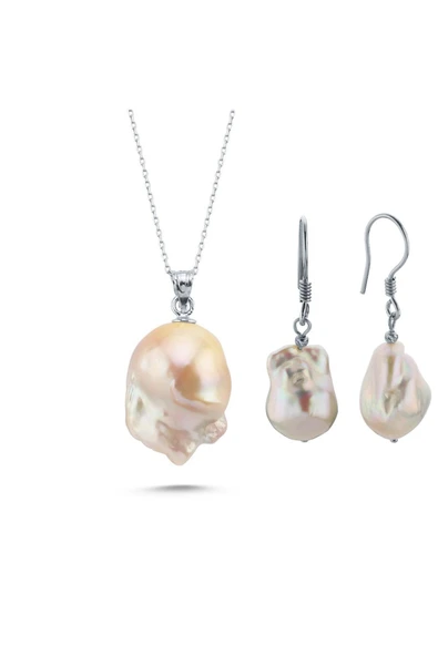 11 - 12,5 mm Barok Doğal İnci Küpe Kolye İkili Set - Resim 4