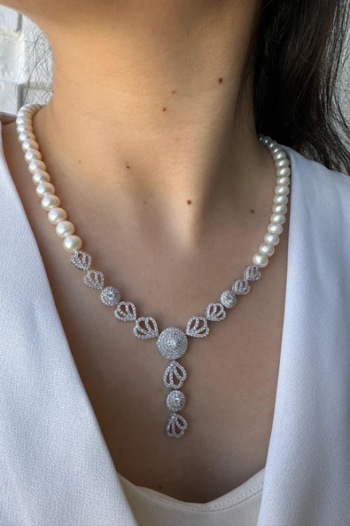 7,5 mm Zirkon Taşlı İnci Kolye Bilelik Küpe Yüzük Dörtlü Set - Resim 4