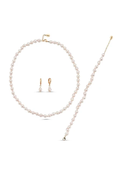 8,5 mm Damla Barok İnci Kolye Bileklik Küpe Üçlü Set - 9