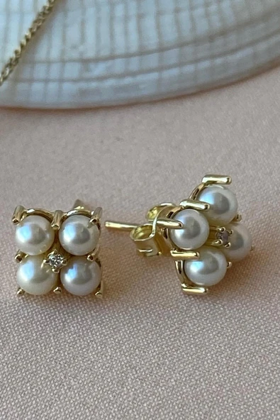 Dörtgen 0,12 Karat Doğal İnci Pırlanta Küpe ürün görseli 1