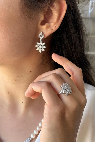 7,5 mm Çiçek Modeli İnci Kolye Bileklik Küpe Yüzük Dörtlü Set - 5