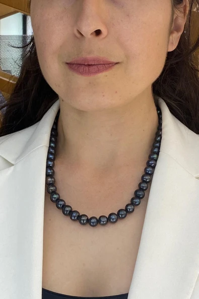 10,5 mm Denizci Kilit Sıralı Siyah İnci Kolye Bileklik İkili Set - 3