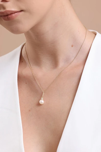 8,5 mm Zirkon Taşlı Doğal İnci Kolye - Resim 3