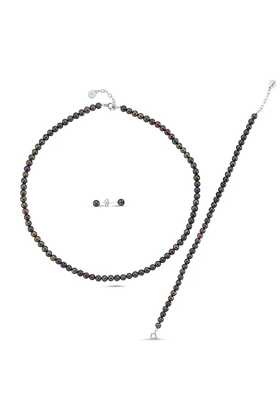 5 mm Siyah Doğal İnci Kolye Bileklik Küpe Üçlü Set - 9