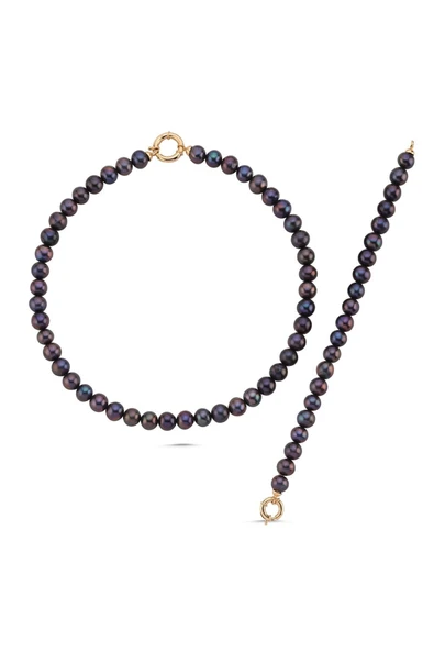 9,5 mm Doğal Siyah İnci Kolye Bileklik İkili Set - 5