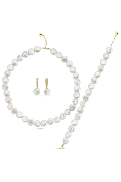 12,5 mm Para İnci Kolye Bileklik Küpe Üçlü Set - 5