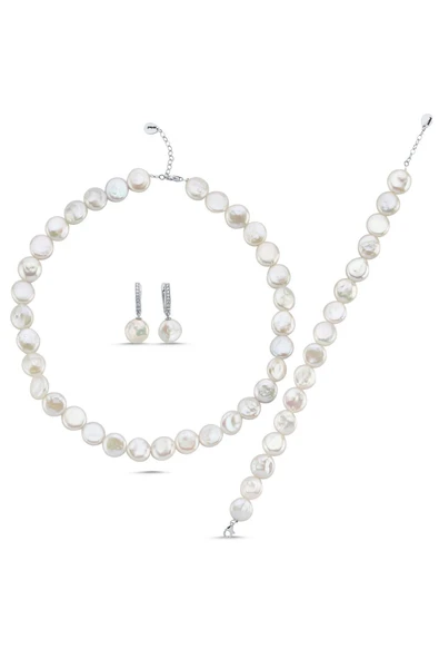 12,5 mm Para İnci Kolye Bileklik Küpe Üçlü Set - 10