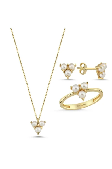 3,5 mm Tria Doğal İnci Küpe Kolye Yüzük Üçlü Set - 5