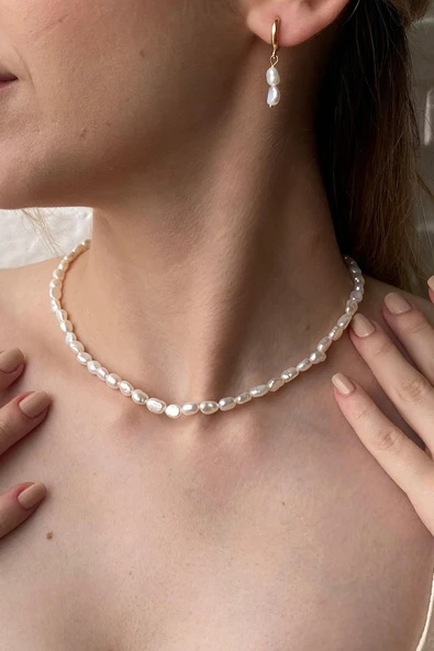 7,5 mm Yassı Barok İnci Kolye - Resim 2