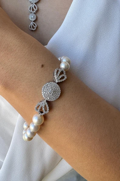 7,5 mm Zirkon Taşlı İnci Kolye Bilelik Küpe Yüzük Dörtlü Set - Resim 6