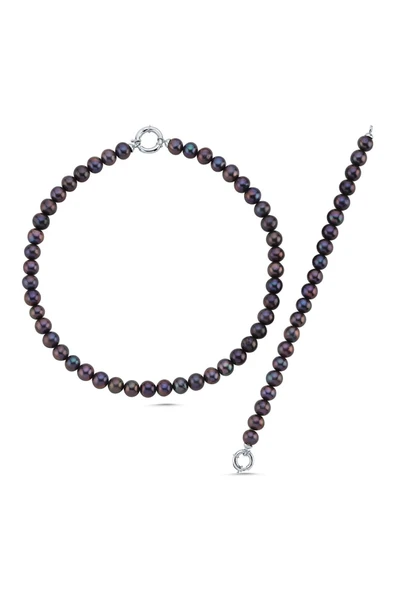 10,5 mm Siyah İnci Kolye Bileklik İkili Set - 4