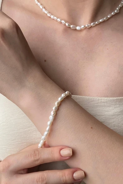 7,5 mm Yassı Barok İnci Kolye Bileklik Küpe Üçlü Set - 2