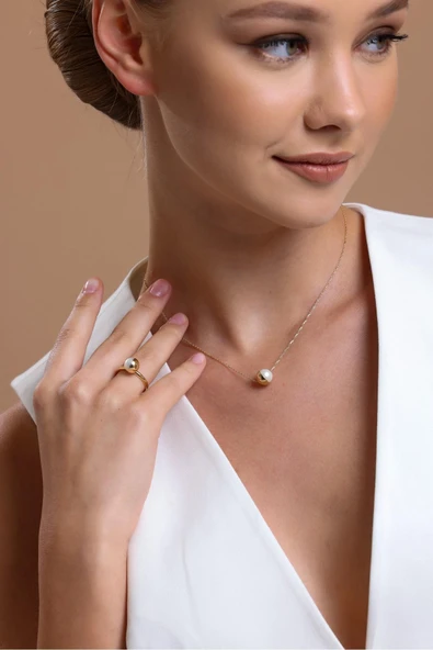 8,5 mm Tek Doğal İnci Kolye Yüzük İkili Set - 2