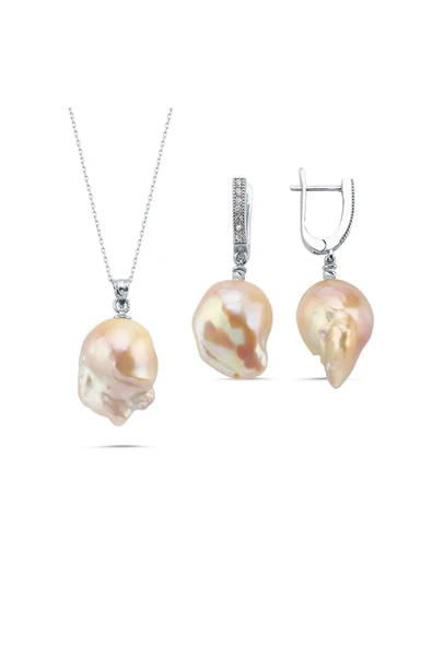 Şeftali Rengi Barok İnci Kolye Küpe İkili Set - 6