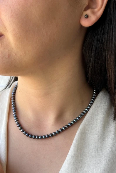 5 mm Siyah Doğal İnci Sıralı Kolye Bileklik Küpe Üçlü Set - 2