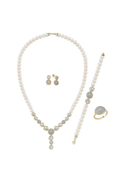 7,5 mm Zirkon Taşlı İnci Kolye Bilelik Küpe Yüzük Dörtlü Set