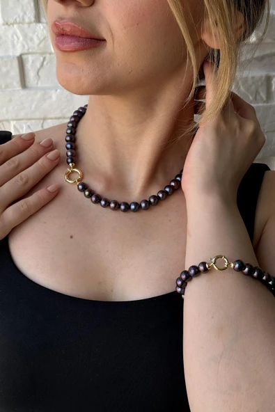 9,5 mm Doğal Siyah İnci Kolye Bileklik İkili Set