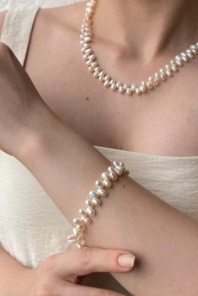 5,5 mm Barok Doğal İnci Kolye Bileklik Küpe Üçlü Set - 2