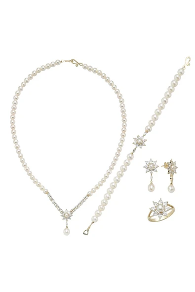 6,5 mm Papatya Modelli Doğal İnci Küpe Kolye Bileklik Yüzük Dörtlü Set - 8