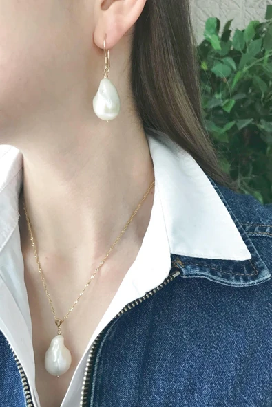 11 - 12,5 mm Barok Doğal İnci Küpe Kolye İkili Set ürün görseli 1