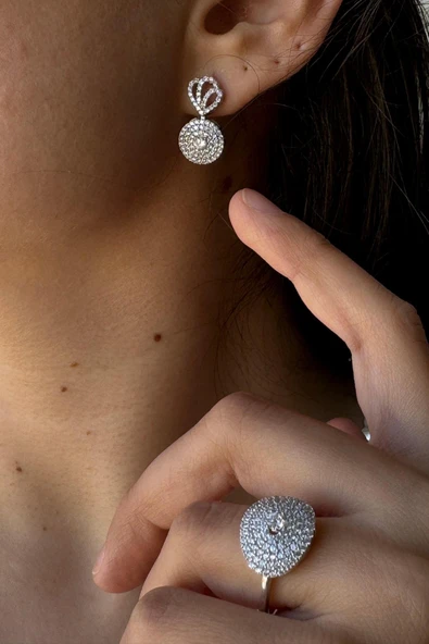 7,5 mm Zirkon Taşlı İnci Kolye Bilelik Küpe Yüzük Dörtlü Set - Resim 3