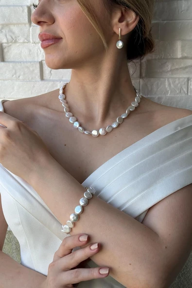 12,5 mm Para İnci Kolye Bileklik Küpe Üçlü Set - 2