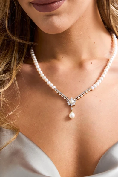 6,5 mm Papatya Modelli Doğal İnci Küpe Kolye Bileklik Yüzük Dörtlü Set - 2