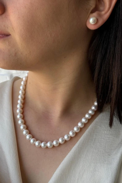 9,5 mm Gemici Kilit Doğal İnci Kolye Bileklik Küpe Üçlü Set - 2