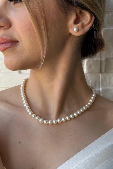 8,5 mm Sıralı Doğal İnci Kolye Bileklik Küpe Üçlü Set