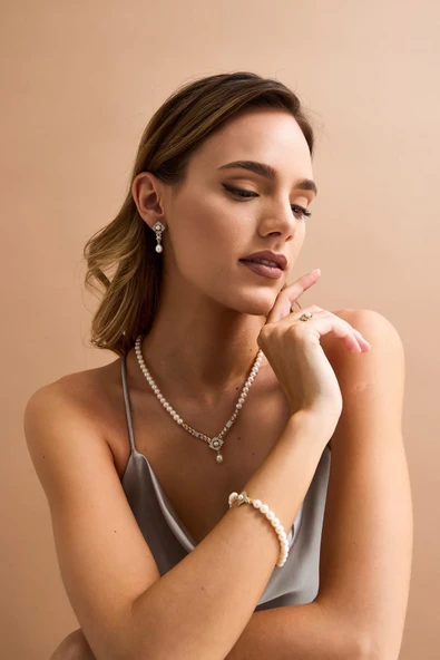 6,5 mm Baget Taşlı Doğal İnci Küpe Kolye Bileklik Yüzük Dörtlü Set