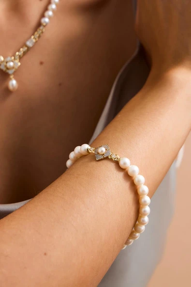 6,5 mm Baget Taşlı Doğal İnci Küpe Kolye Bileklik Yüzük Dörtlü Set - 3