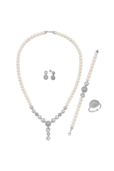 7,5 mm Zirkon Taşlı İnci Kolye Bilelik Küpe Yüzük Dörtlü Set - Resim 7