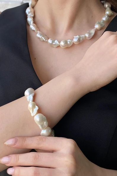 22,5 mm Barok İnci Kolye Bileklik Küpe Üçlü Set - 3