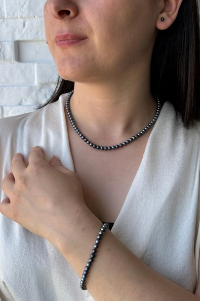 5 mm Siyah Doğal İnci Sıralı Kolye Bileklik Küpe Üçlü Set - 1