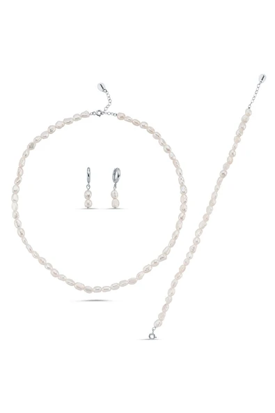 7,5 mm Yassı Barok İnci Kolye Bileklik Küpe Üçlü Set - 9