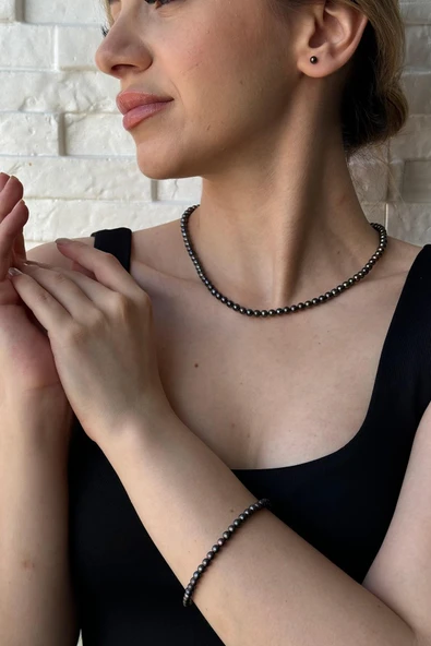 5 mm Siyah Doğal İnci Kolye Bileklik Küpe Üçlü Set - 4