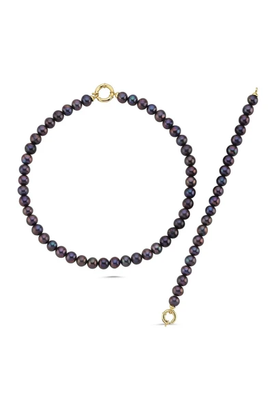 10,5 mm Siyah İnci Kolye Bileklik İkili Set - 5
