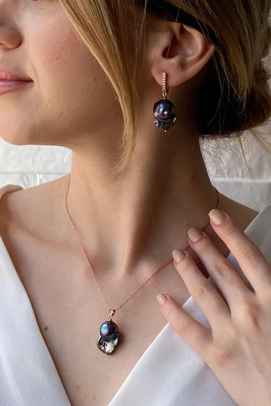 Siyah Barok İnci Kolye Küpe İkili Set - 2