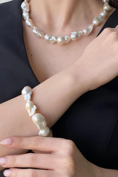 22,5 mm Barok İnci Kolye Bileklik Küpe Üçlü Set - 3