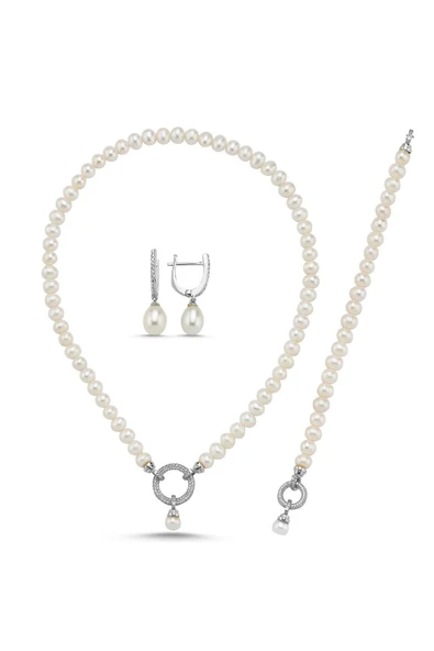 Halka Kilitli Doğal İnci Kolye Bileklik Küpe Üçlü Set - 7