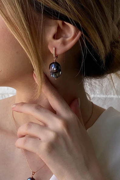 Siyah Barok İnci Kolye Küpe İkili Set - 3