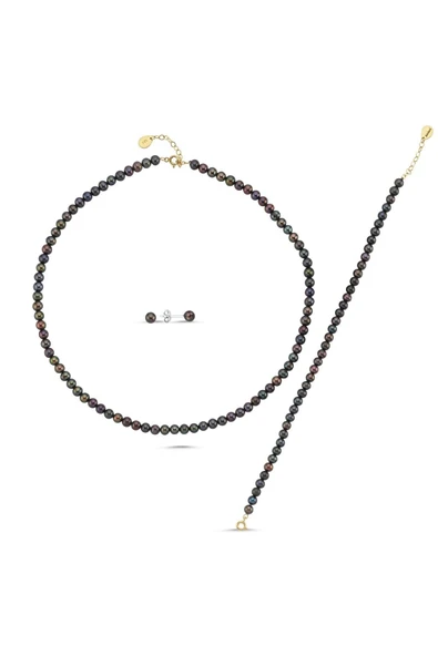 5 mm Siyah Doğal İnci Kolye Bileklik Küpe Üçlü Set - 5
