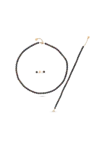 5 mm Siyah Doğal İnci Sıralı Kolye Bileklik Küpe Üçlü Set - 4