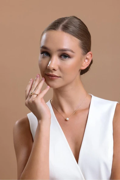 8,5 mm Tek Doğal İnci Kolye Yüzük İkili Set - 3