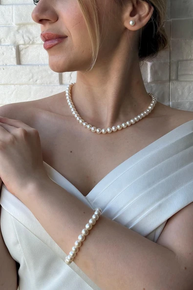 8,5 mm Sıralı Doğal İnci Kolye Bileklik Küpe Üçlü Set - 3